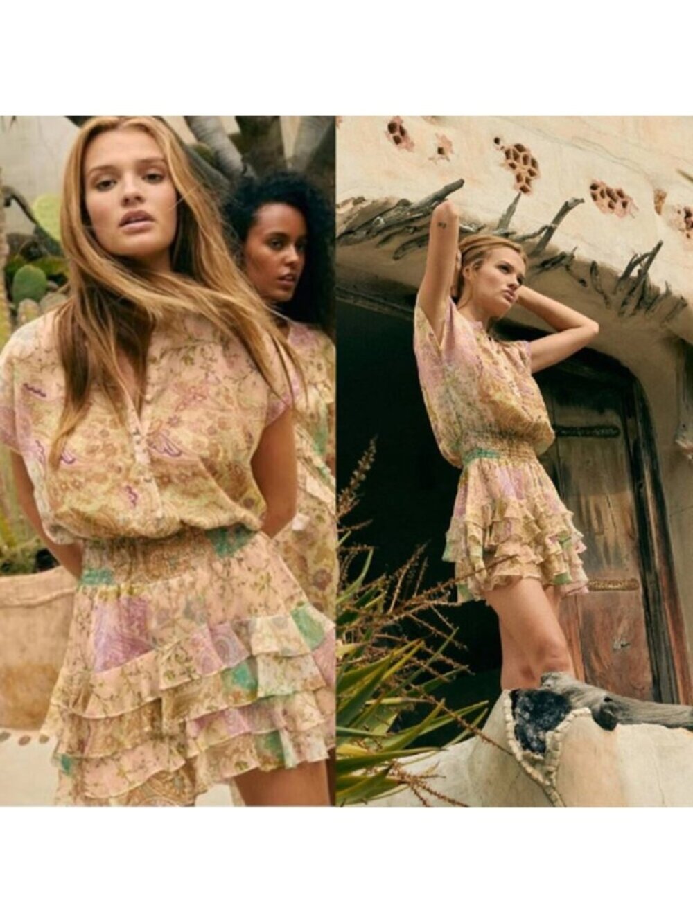 NWT MISA Los Angeles Evie Button Front Smocked Tiered Mini Dress Beige Size: L